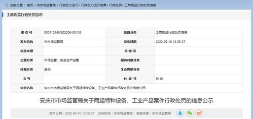 安徽省安慶市市場監管局公示兩起特種設備及工業產品案件行政處罰信息，強化市場安全監管